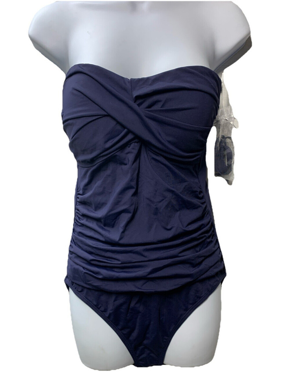 Anne Cole Swimsuit One Piece Twist Front Shirred Bandeau Navy Swimwear Size 10